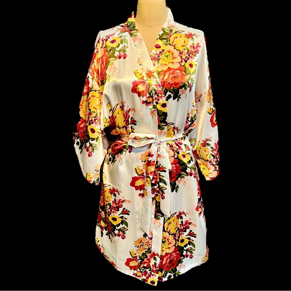 Fall flower bouquet silky midi wrap robe silky satin botanical floral loungewear